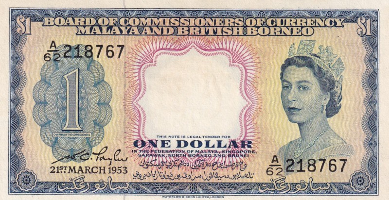 Malaya and British Borneo, 1 Dollar, 1953, UNC,p1

Serial Number: A/62 218767...