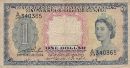Malaya and British Borneo, 1 Dollar, 1953, FINE,p1
Portrait of Queen Elizabeth II
Serial Number: A/29 340365
Estimate: 15 - 30 USD