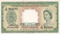 Malaya and British Borneo, 5 Dollars, 1953, UNC,p2

Serial Number: A/36 869082
Estimate: 750 - 1500 USD