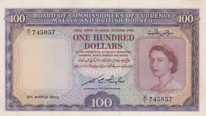 Malaya and British Borneo, 100 Dollars, 1953, XF,p5

Serial Number: A/1 745057...