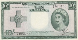 Malta, 10 Shillings, 1954, AUNC,p23a 

Serial Number: A/6 023756
Estimate: 500 - 1000 USD