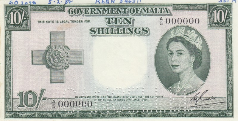 Malta, 10 Shillings, 1954, UNC,p23as, SPECİMEN

Serial Number: A/5 000000
Est...