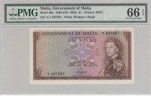 Malta, 1 Pound, 1949, UNC,p26a
PMG 66 EPQ, Portrait of Queen Elizabeth II
Serial Number: A/1 497307
Estimate: 350 - 700 USD