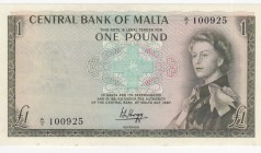 Malta, 1 Pound, 1967, AUNC,p29
Portrait of Queen Elizabeth II
Serial Number: A/2 100925
Estimate: 75 - 150 USD