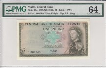 Malta, 1 Pound, 1967, UNC,p29a
PMG 64
Serial Number: A/1 000248
Estimate: 250 - 500 USD