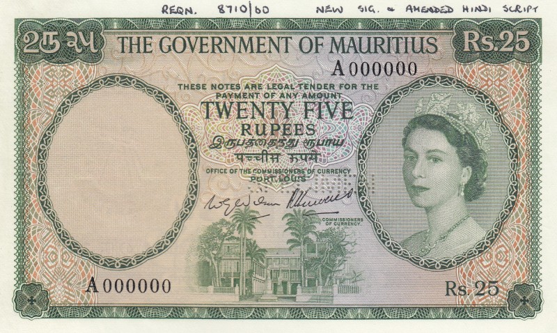 Mauritius, 25 Rupees, 1954, UNC,p29as, SPECİMEN

Serial Number: A 000000
Esti...