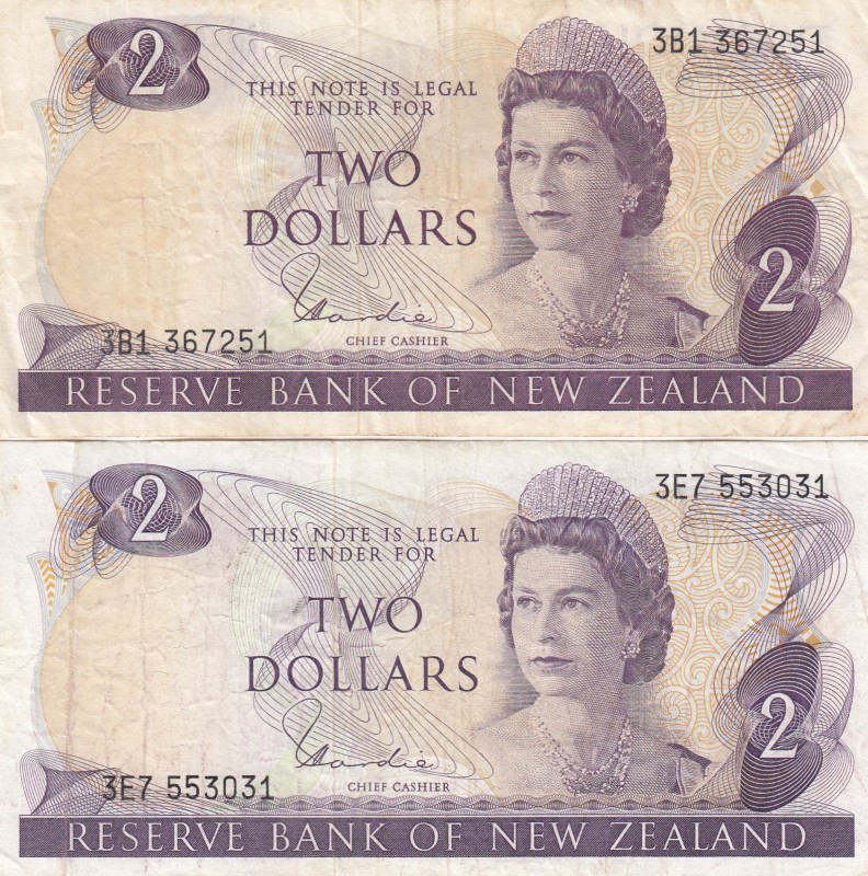 New Zealand, 2 Dollars, 1977, VF,p164d, (Toplam 2 adet banknot)
Sign: Hardie
S...