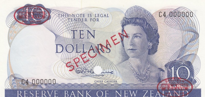 New Zealand, 10 Dollars, 1967, UNC,p166as, SPECİMEN
Sign: Fleming
Serial Numbe...