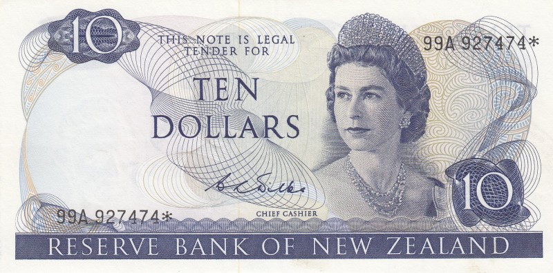 New Zealand, 10 Dollars, 1968, AUNC,p166br, REPLACEMENT
Sign: Wilks
Serial Num...