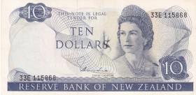 New Zealand, 10 Dollars, 1977, AUNC,p166d, "33E" last prefix
Sign: Hardie
Serial Number: 33E 115868
Estimate: 100 - 200 USD