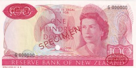 New Zealand, 100 Dollars, 1968, UNC,p168as, SPECİMEN
Sign: Fleming
Serial Number: G 000000
Estimate: 1250 - 2500 USD