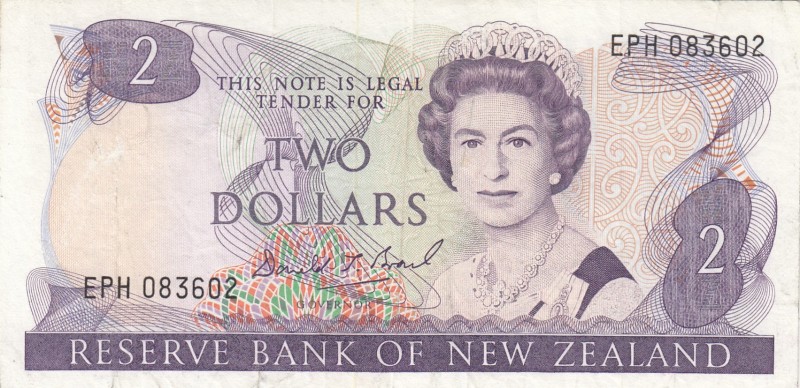 New Zealand, 2 Dollars, 1989, XF,p170c
Sign: Brash
Serial Number: EPH 083602
...