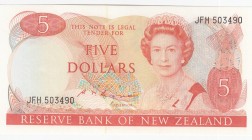 New Zealand, 5 Dollars, 1985/1989, UNC,p171b
Portrait of Queen Elizabeth II
Serial Number: JFH 503490
Estimate: 20 - 40 USD