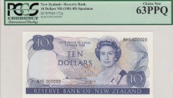 New Zealand, 10 Dollars, 1981, UNC,p172a, SPECİMEN
PCGS 63 PPQ
Serial Number: NAG 000000
Estimate: 300 - 600 USD