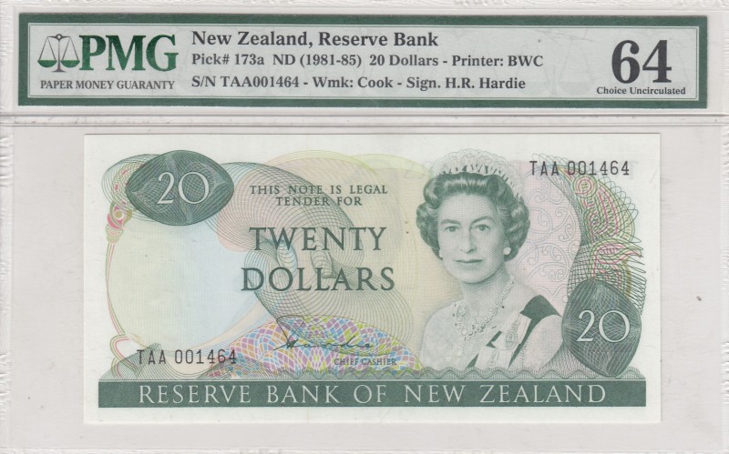 New Zealand, 20 Dollars, 1981, UNC,p173a, "TAA" First Prefix
PMG 64, Sign: Hard...