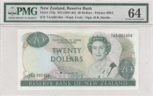 New Zealand, 20 Dollars, 1981, UNC,p173a, "TAA" First Prefix
PMG 64, Sign: Hardie
Serial Number: TAA 001464
Estimate: 75 - 150 USD