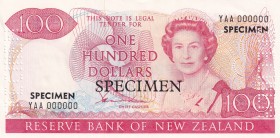 New Zealand, 100 Dollars, 1981, UNC,p175as, SPECİMEN
Sign: Hardie
Serial Number: YAA 000000
Estimate: 1250 - 2500 USD