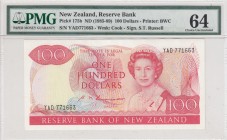 New Zealand, 100 Dollars, 1985-1989, UNC,p175b
PMG 64, Portrait of Queen Elizabeth II
Serial Number: YAD 771663
Estimate: 500 - 1000 USD