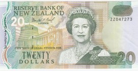 New Zealand, 20 Dollars, 1992, XF,p179, REPLACEMENT
Portrait of Queen Elizabeth II
Serial Number: ZZ 047273
Estimate: 150 - 300 USD