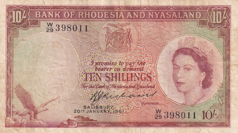 Rhodesia & Nyasaland, 10 Shillings, 1961, VF,p20bı

Serial Number: W/29 398011...