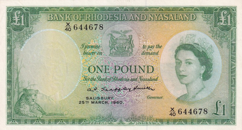 Rhodesia & Nyasaland, 1 Pound, 1960, AUNC,p21a

Serial Number: X/40 644678
Es...