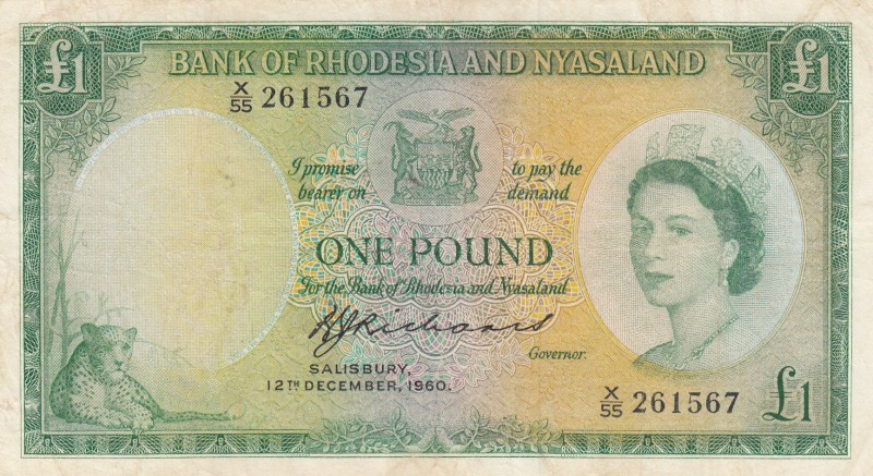 Rhodesia & Nyasaland, 1 Pound, 1960, VF,p21b
12 December 1960
Serial Number: X...