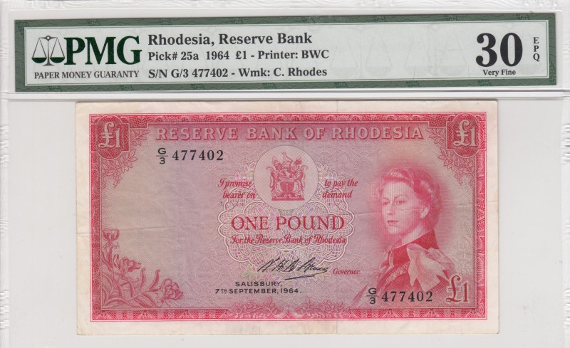 Rhodesia, 1 Pounds, 1964, UNC,p25a
PMG 30 EPQ, Portrait of Queen Elizabeth II
...