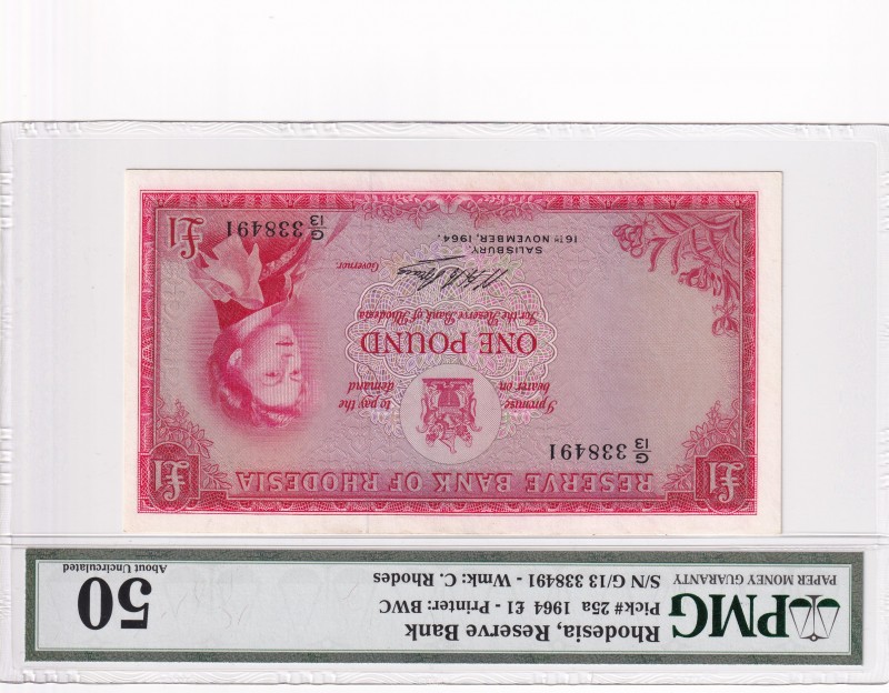 Rhodesia, 1 Pound, 1964, AUNC,p25a
PMG 50
Serial Number: G/13 338491
Estimate...