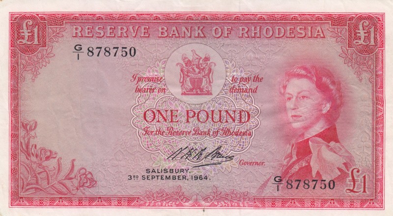 Rhodesia, 1 Pound, 1964, XF,p25a
3 September 1964
Serial Number: G/1 878750
E...