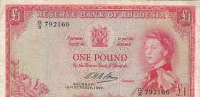 Rhodesia, 1 Pound, 1964, VF (-),p25a
12 October 1964
Serial Number: G/8 792166
Estimate: 100 - 200 USD