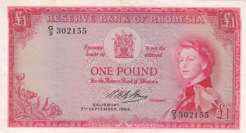 Rhodesia, 1 Pound, 1964, XF,p25c
7 September 1964
Serial Number: G/3 302155
E...