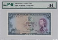 Rhodesia, 5 Pounds, 1964, UNC,p26a
PMG 64, Portrait of Queen Elizabeth II
Serial Number: F/1 444702
Estimate: 750 - 1500 USD