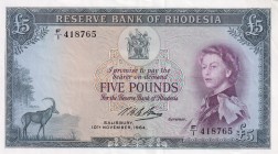 Rhodesia, 5 Pounds, 1964, AUNC,p26a

Serial Number: F/1 418765
Estimate: 250 - 500 USD