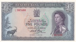 Rhodesia, 5 Pounds, 1966, UNC,p29b

Serial Number: J/5 387688
Estimate: 400 - 800 USD