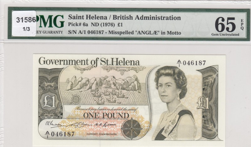 Saint Helena, 1 Pound, 1976, UNC,p6a
PMG 65 EPQ
Serial Number: A/1 046187
Est...