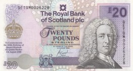 Scotland, 20 Pounds , 2000, UNC,p361
Commemorative Issue (Banknote printed by Queen's mother, Elizabeth Bowes Lyon, in memory of 100th anniversary. T...