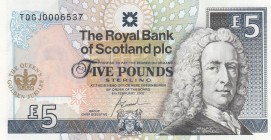 Scotland, 5 Pounds, 2002, UNC,p362
Commemorative banknote printed in memory of the 50th anniversary of the Queen's throne. On the back of the banknot...