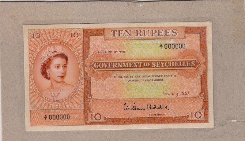 Seychelles, 10 Rupees, 1957, PROOF
It is the only sample seen and it is affixed...