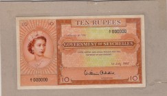 Seychelles, 10 Rupees, 1957, PROOF
It is the only sample seen and it is affixed to the cardboard as a single face.
Serial Number: A/1 000000
Estima...