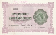 Seychelles, 5 Rupees, 1954, UNC (-),p11as, SPECİMEN
Although there is no fold in the banknote, there is a trace of packaging throughout
Serial Numbe...