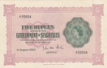 Seychelles, 5 Rupees, 1960, UNC,p11b

Serial Number: A/7 55654
Estimate: 750 - 1500 USD