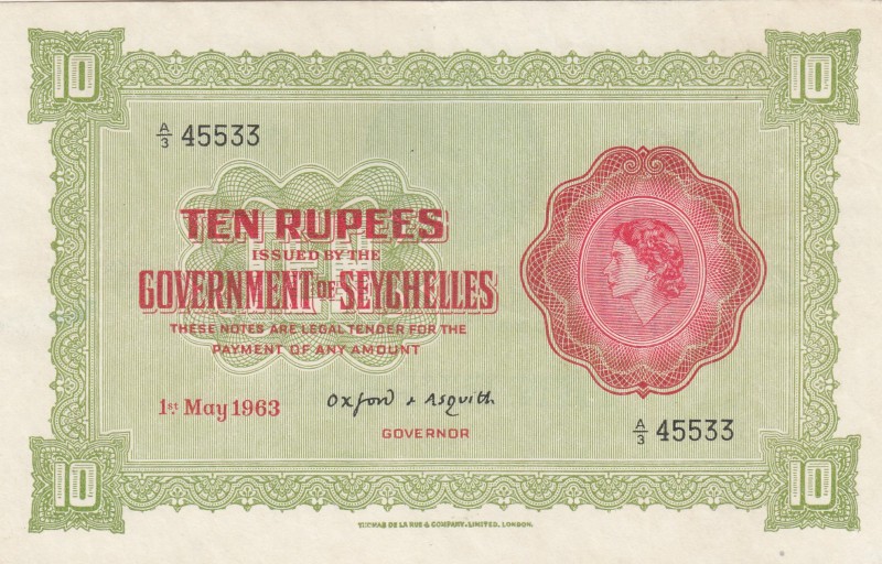 Seychelles, 10 Rupees, 1963, AUNC (+),p12c

Serial Number: A/3 45133
Estimate...