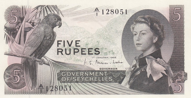 Seychelles, 5 Rupees, 1968, UNC,p14a

Serial Number: A/1 128051
Estimate: 250...