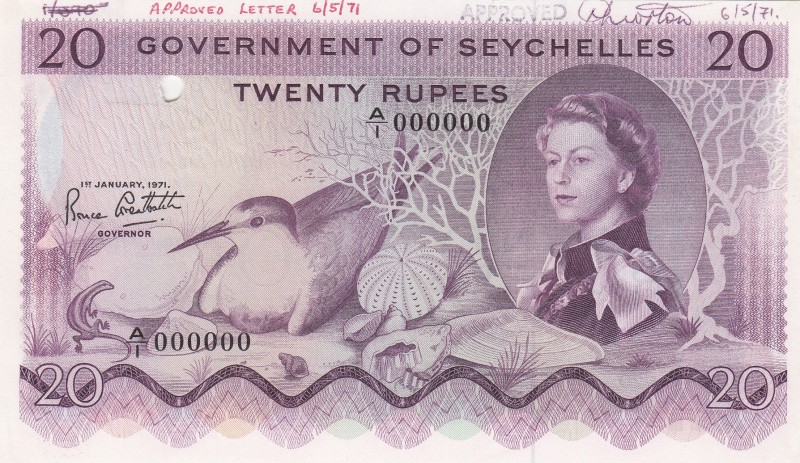 Seychelles, 20 Rupees, 1971, UNC,p16bs, SPECİMEN

Serial Number: A/1 000000
E...