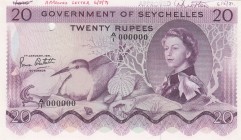 Seychelles, 20 Rupees, 1971, UNC,p16bs, SPECİMEN

Serial Number: A/1 000000
Estimate: 600 - 1200 USD