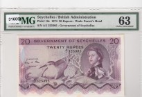 Seychelles, 20 Rupees, 1974, UNC,p16c
PMG 63
Serial Number: A/1 325305
Estimate: 500 - 1 USD