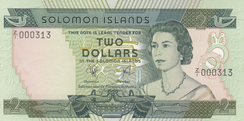 Solomon Islands, 2 Dollars, 1977, UNC,p5r, REPLACEMENT
Low serial number
Seria...