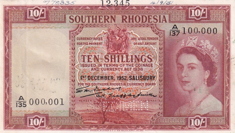 Southern Rhodesia, 10 Shillings, 1952, AUNC,p12a, SPECİMEN
1 December 1952
Ser...