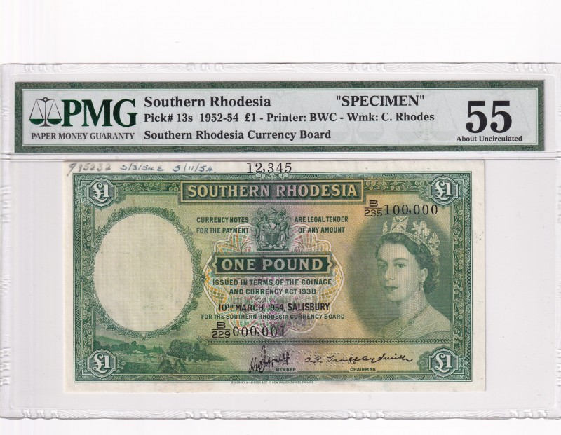 Southern Rhodesia, 1 Pound, 1952, UNC,p13s, SPECİMEN
PMG 55
Serial Number: B/2...