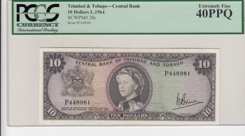 Trinidad & Tobago, 10 Dollars, 1964, XF,p28c
PCGS 40 PPQ, Portrait of Queen Eli...